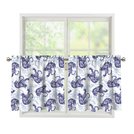 Japanese White Tiger Pattern Print Tier Curtains
