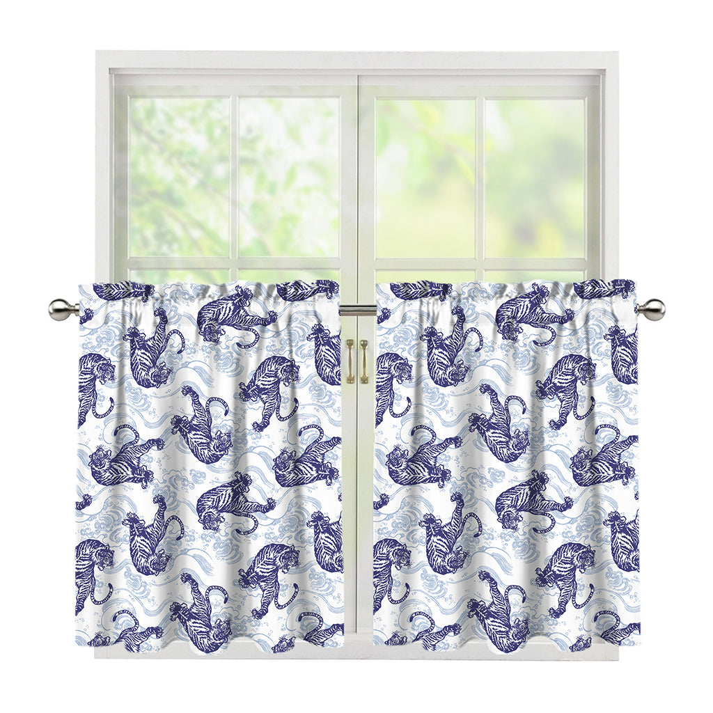 Japanese White Tiger Pattern Print Tier Curtains