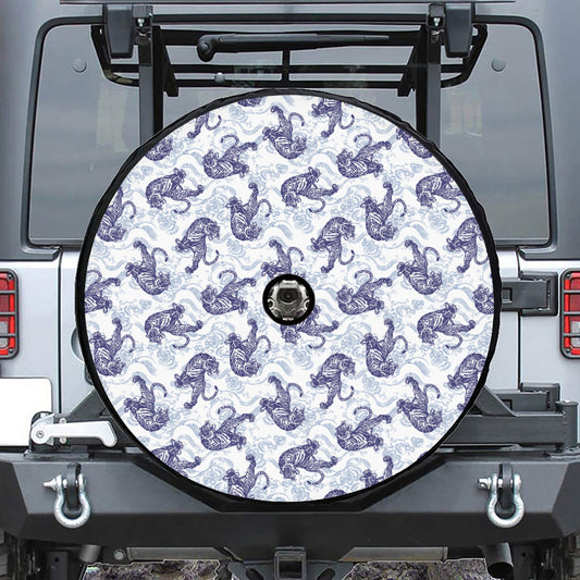Japanese White Tiger Pattern Print Tire Cover With Camera Hole
