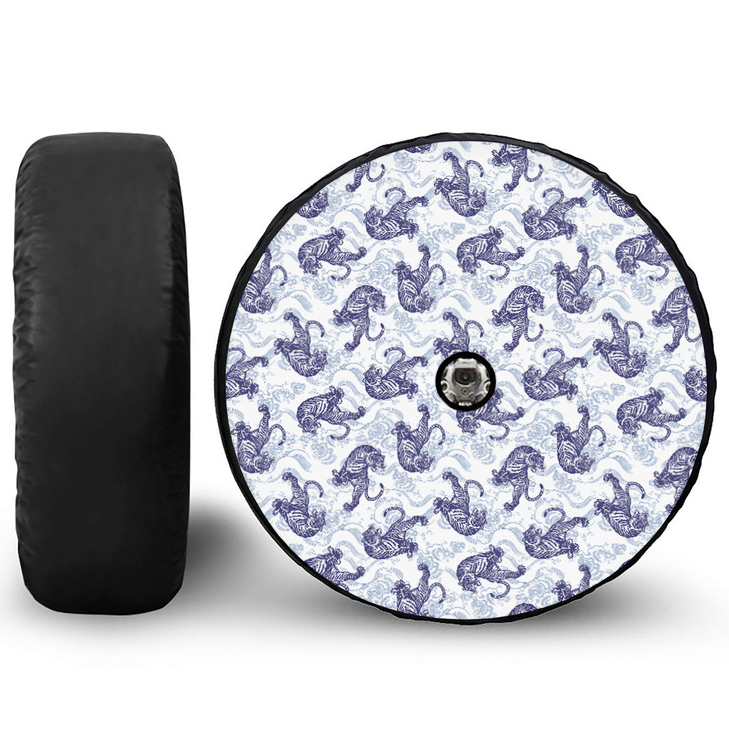 Japanese White Tiger Pattern Print Tire Cover With Camera Hole