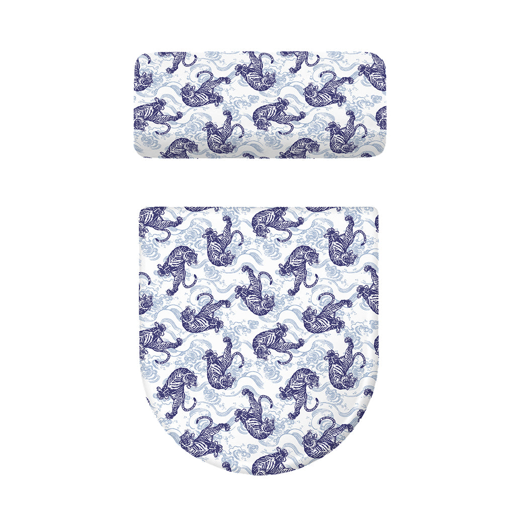 Japanese White Tiger Pattern Print Toilet Lid And Tank Cover Set