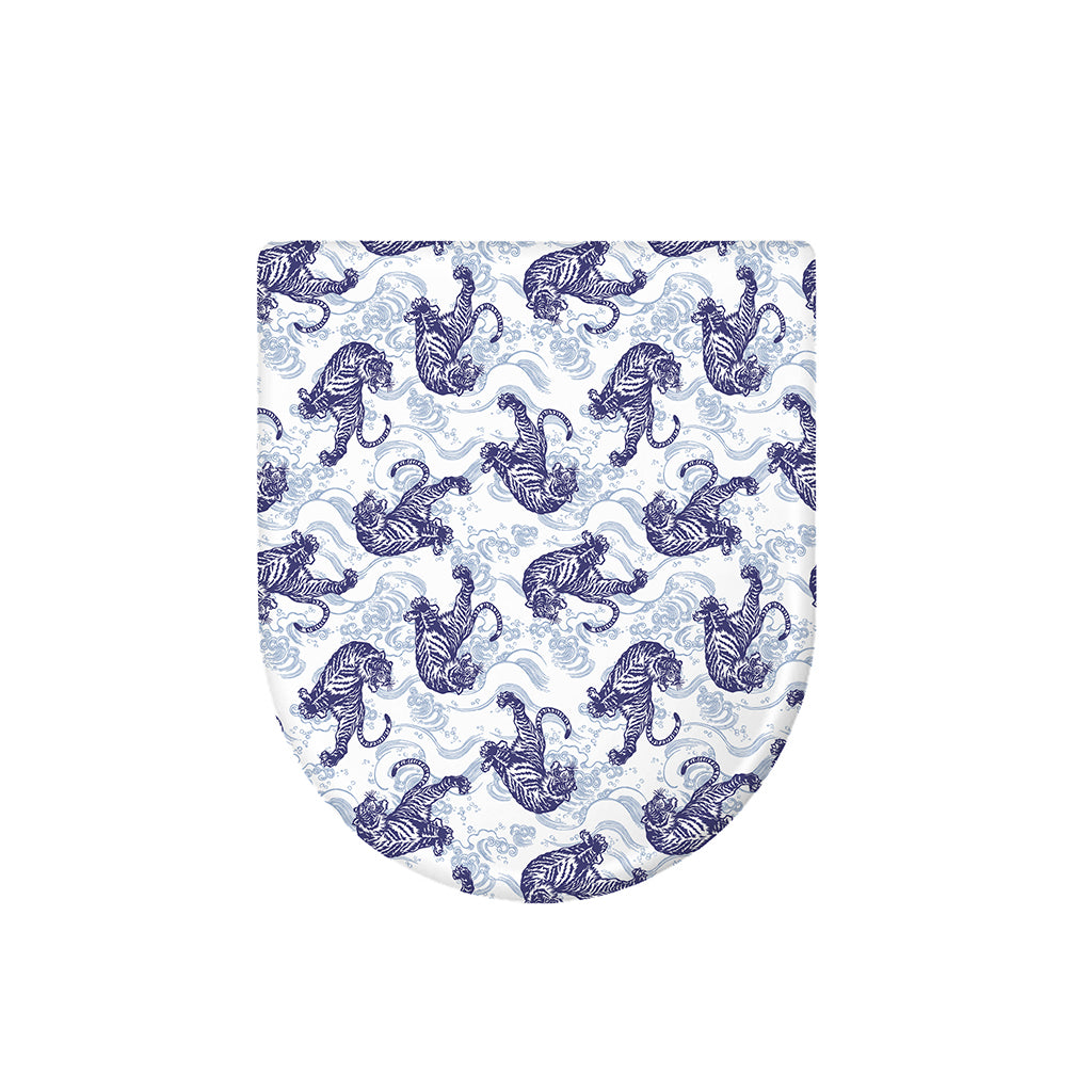 Japanese White Tiger Pattern Print Toilet Lid Cover