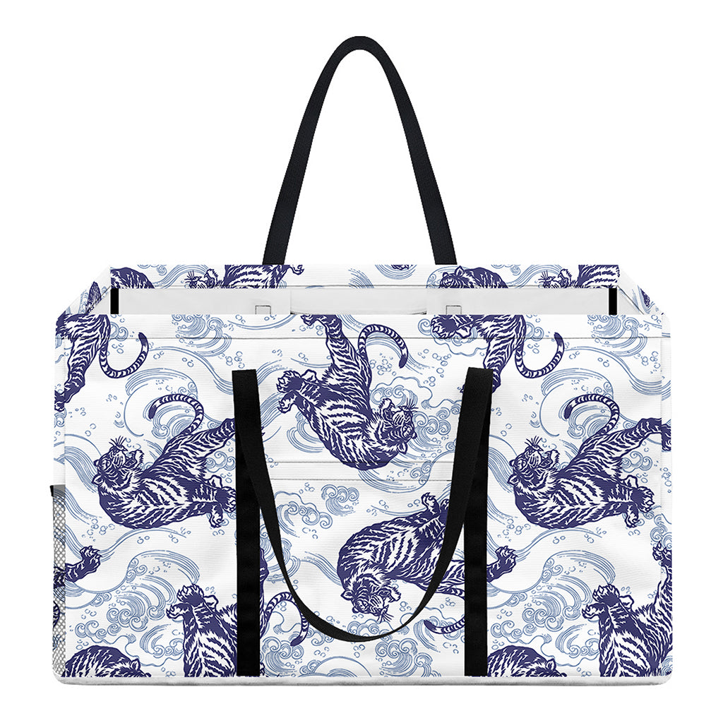 Japanese White Tiger Pattern Print Utility Tote Bag
