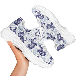 Japanese White Tiger Pattern Print White Chunky Shoes