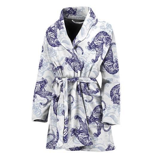 Japanese White Tiger Pattern Print Women's Bathrobe