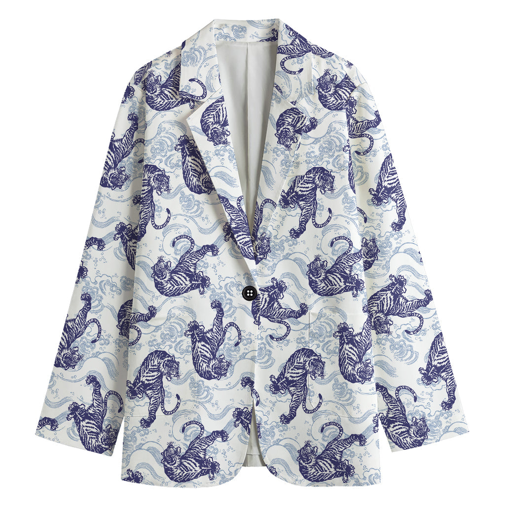 Japanese White Tiger Pattern Print Women's Blazer