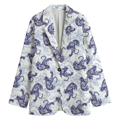 Japanese White Tiger Pattern Print Women's Blazer