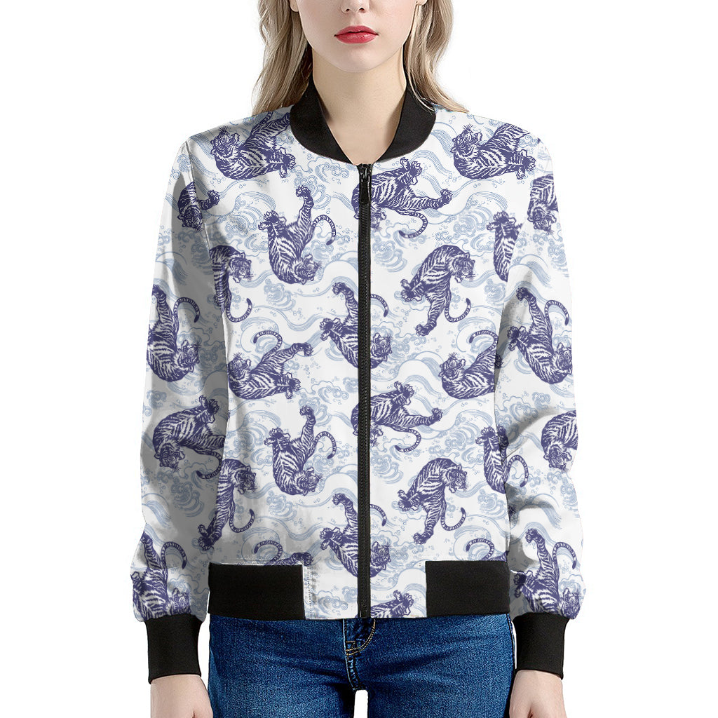 Japanese White Tiger Pattern Print Women's Bomber Jacket