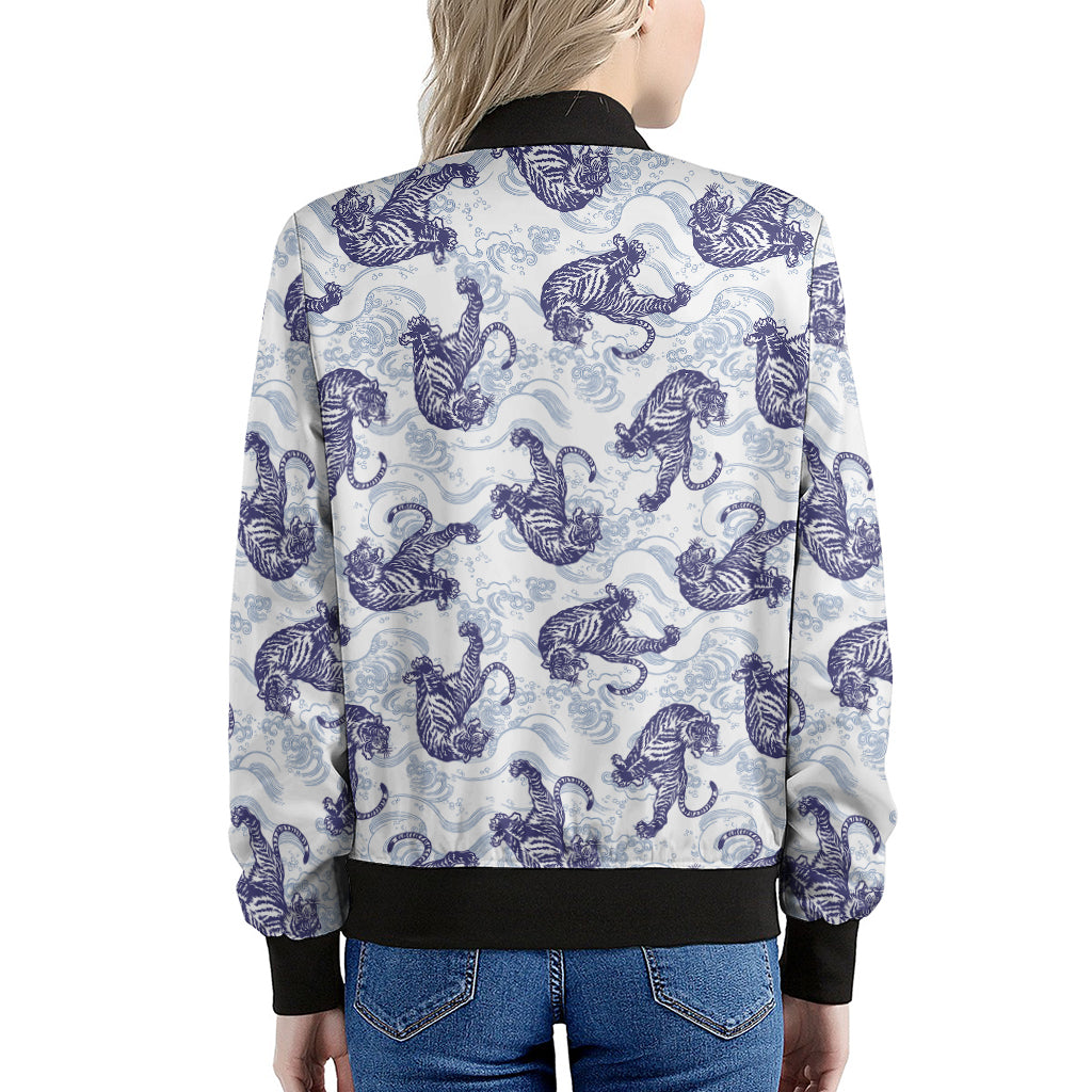 Japanese White Tiger Pattern Print Women's Bomber Jacket