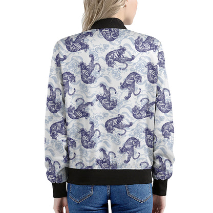 Japanese White Tiger Pattern Print Women's Bomber Jacket