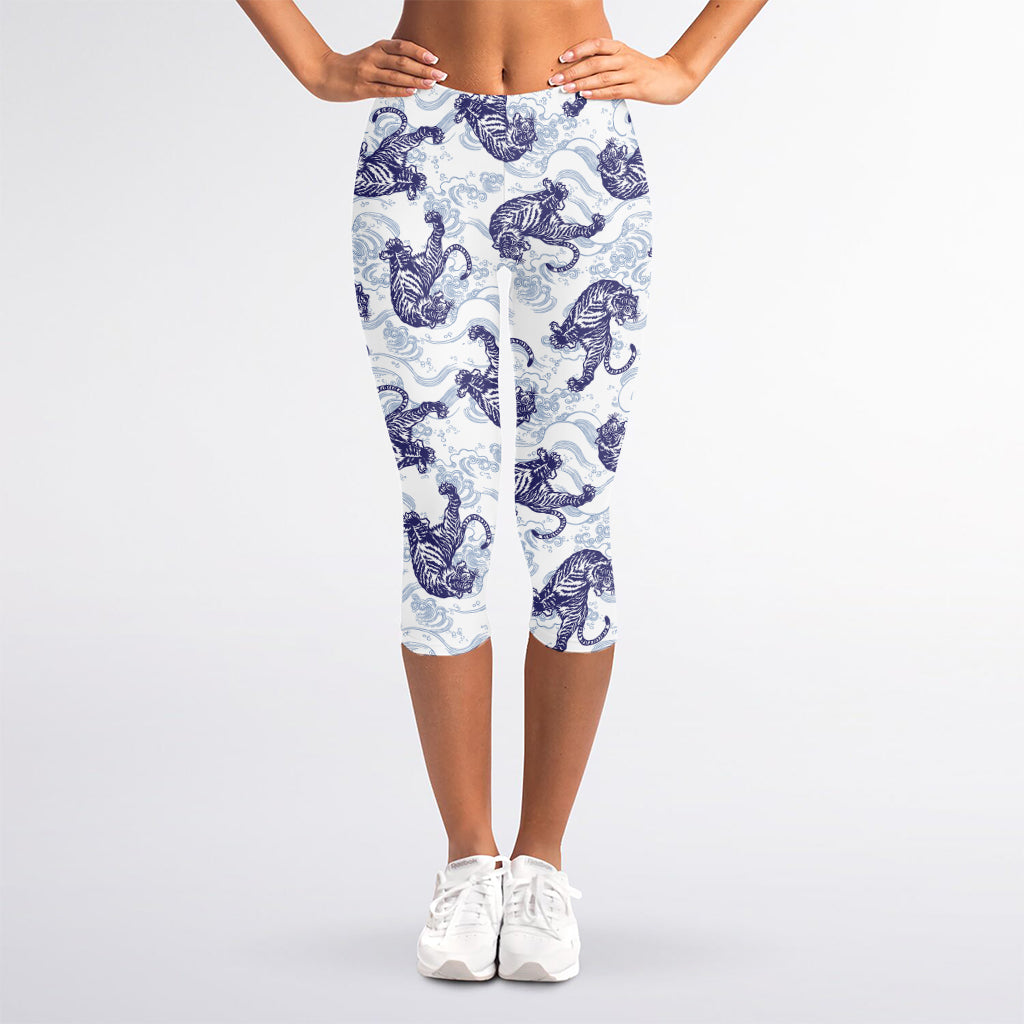 Japanese White Tiger Pattern Print Women's Capri Leggings