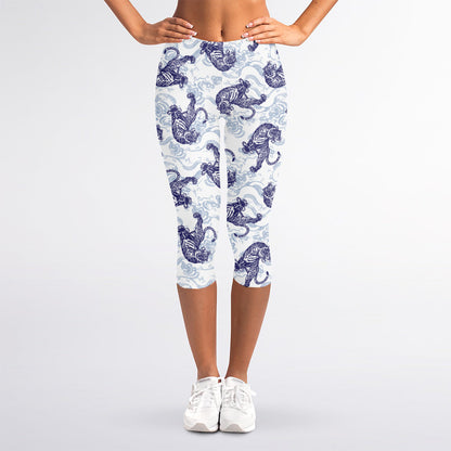 Japanese White Tiger Pattern Print Women's Capri Leggings