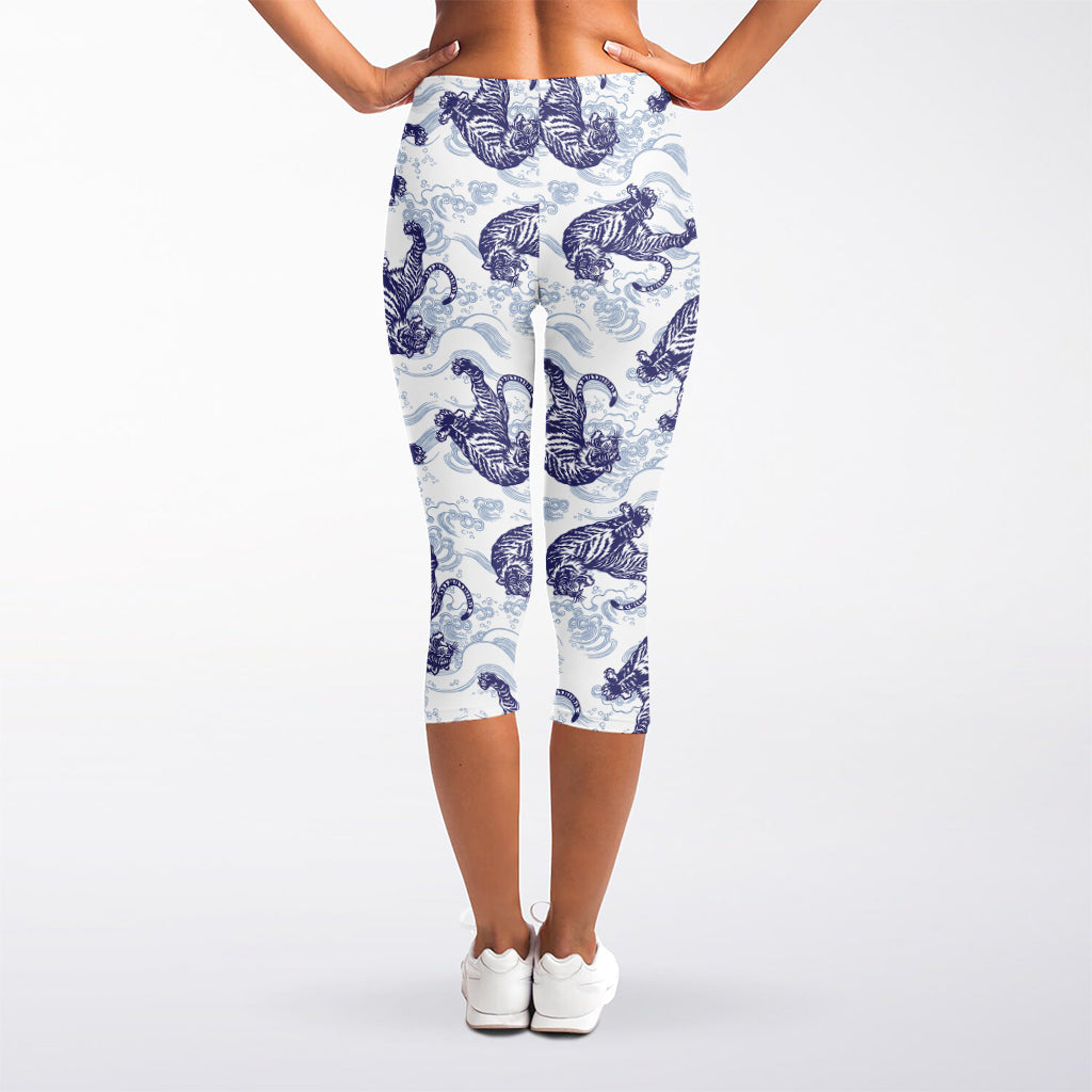 Japanese White Tiger Pattern Print Women's Capri Leggings