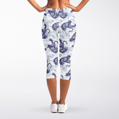 Japanese White Tiger Pattern Print Women's Capri Leggings