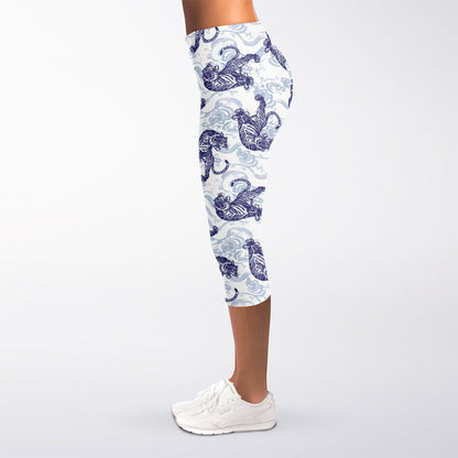 Japanese White Tiger Pattern Print Women's Capri Leggings