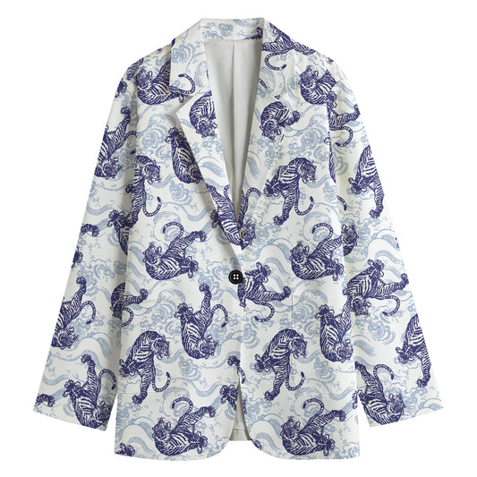 Japanese White Tiger Pattern Print Women's Cotton Blazer
