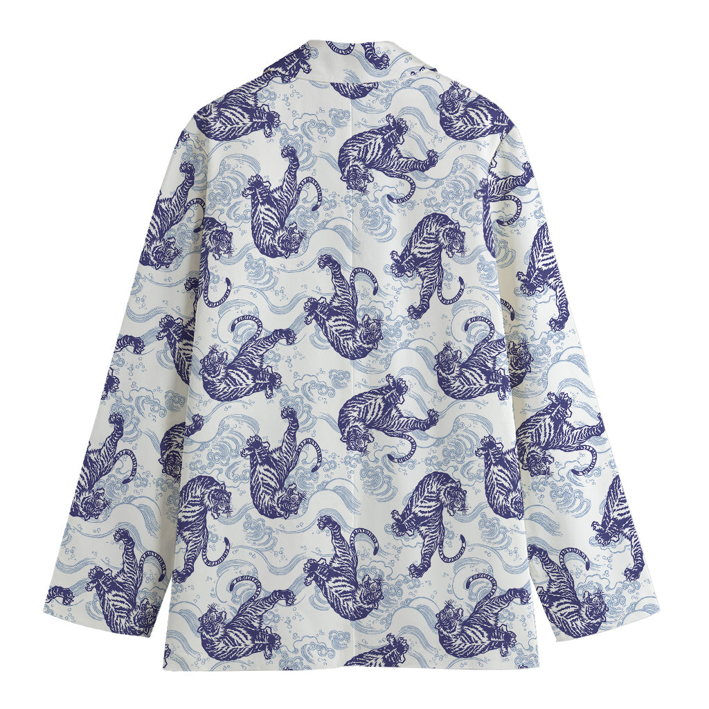 Japanese White Tiger Pattern Print Women's Cotton Blazer