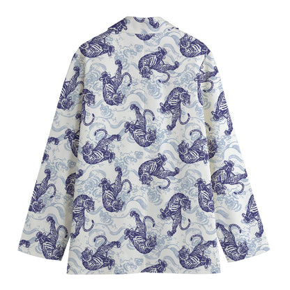 Japanese White Tiger Pattern Print Women's Cotton Blazer