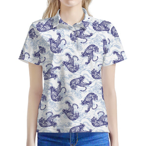 Japanese White Tiger Pattern Print Women's Polo Shirt