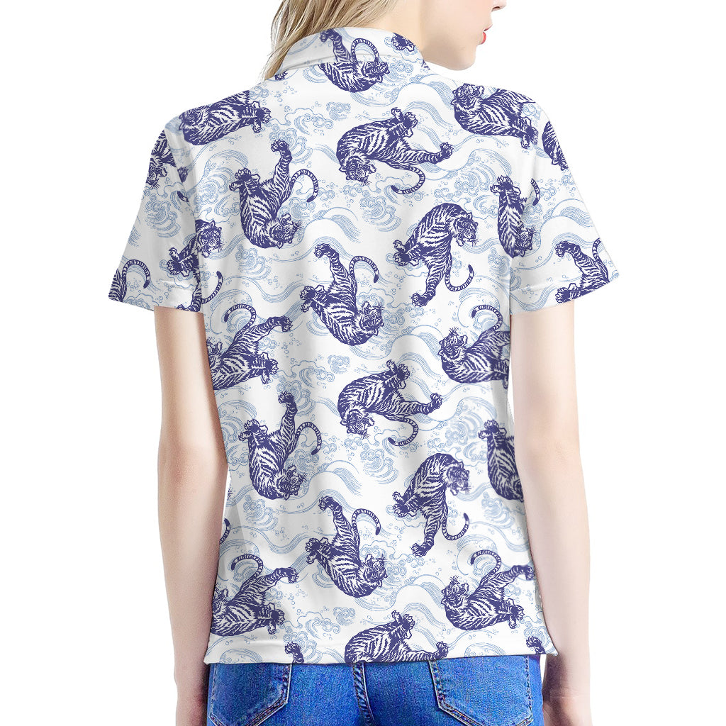 Japanese White Tiger Pattern Print Women's Polo Shirt