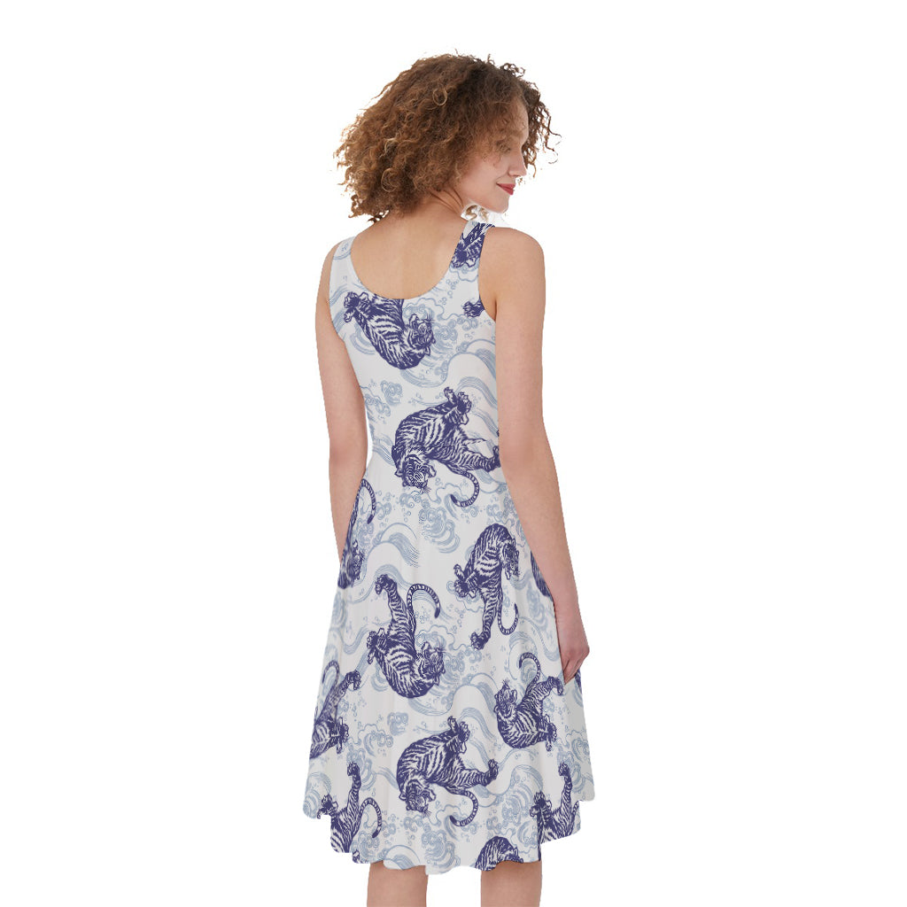 Japanese White Tiger Pattern Print Women's Sleeveless Dress