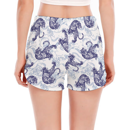 Japanese White Tiger Pattern Print Women's Split Running Shorts