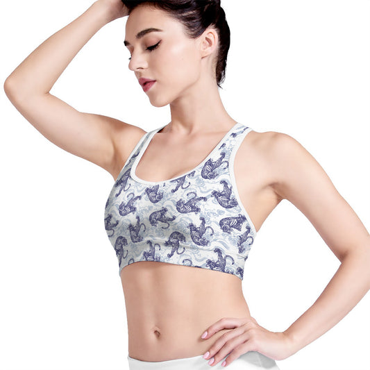 Japanese White Tiger Pattern Print Women's Sports Bra