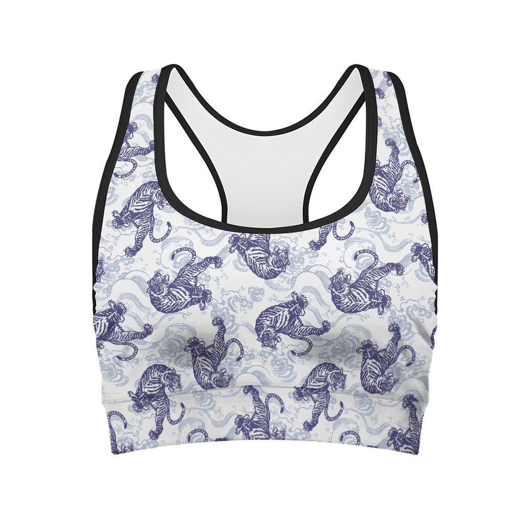 Japanese White Tiger Pattern Print Women's Sports Bra