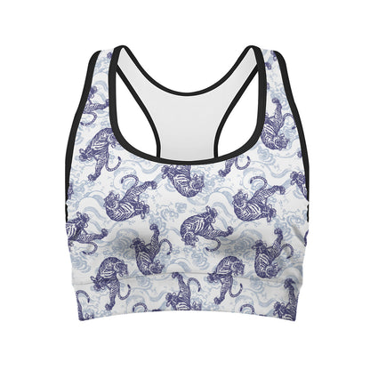 Japanese White Tiger Pattern Print Women's Sports Bra