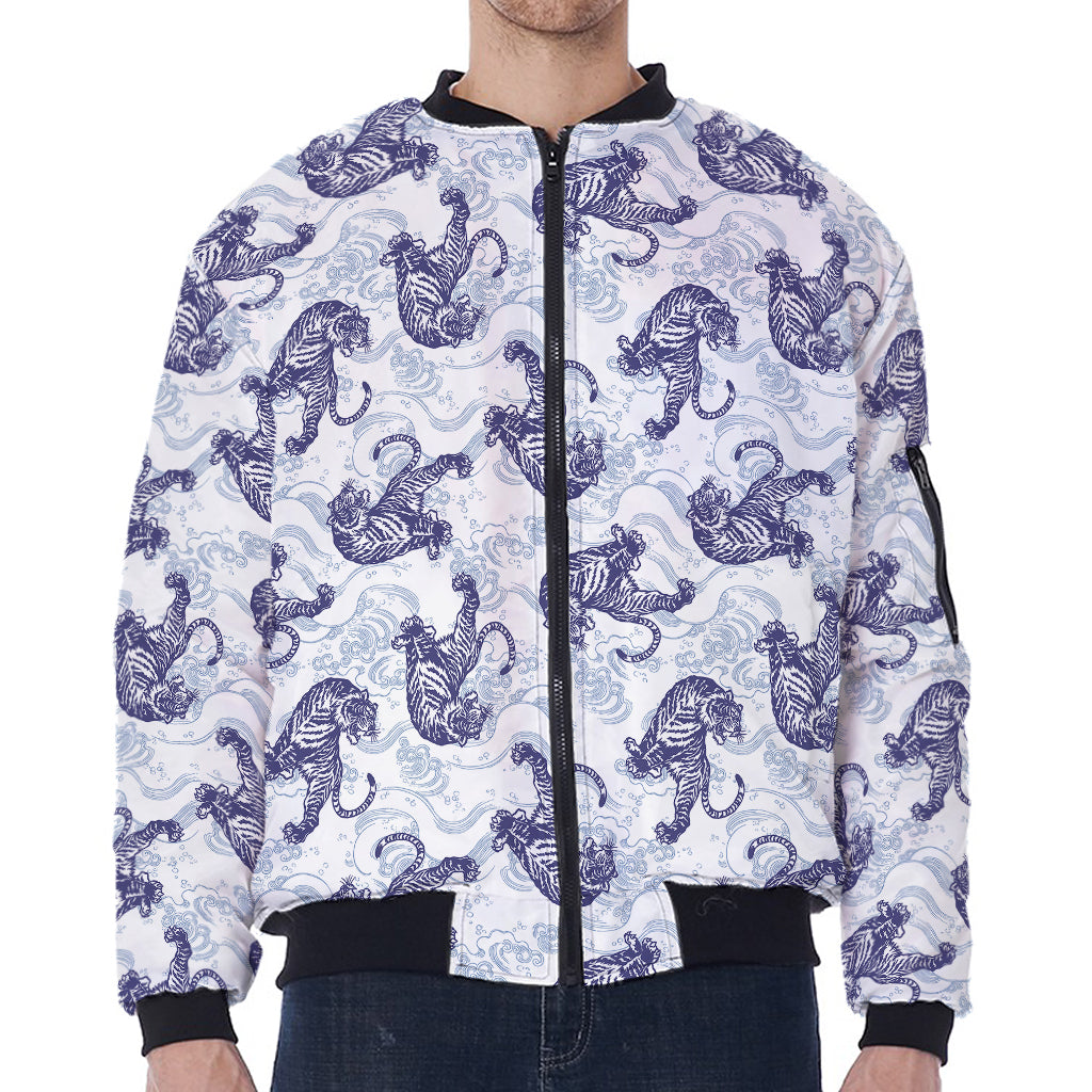 Japanese White Tiger Pattern Print Zip Sleeve Bomber Jacket