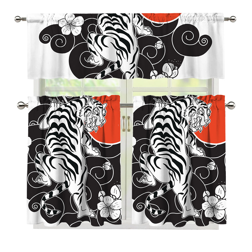 Japanese White Tiger Tattoo Print 3 Piece Kitchen Curtains