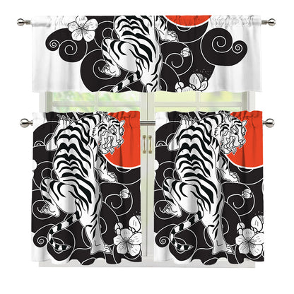 Japanese White Tiger Tattoo Print 3 Piece Kitchen Curtains