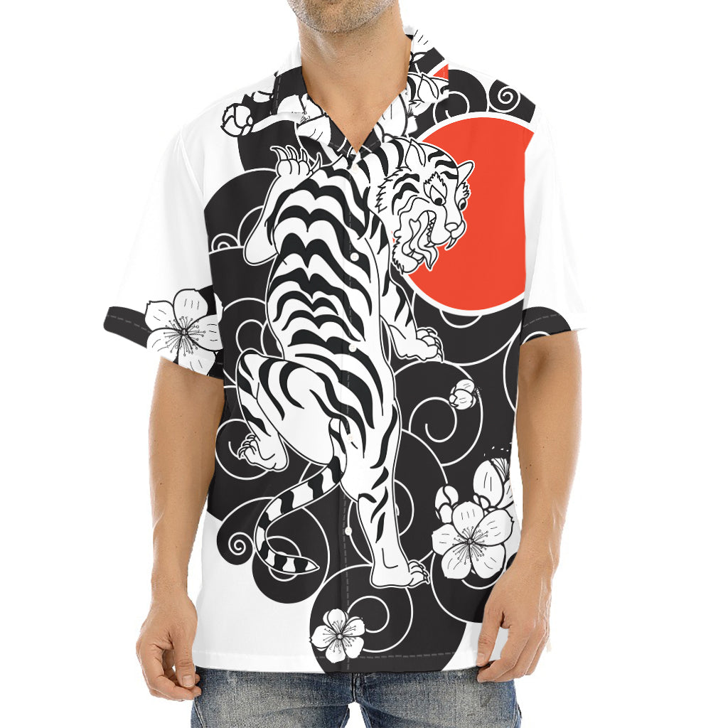 Japanese White Tiger Tattoo Print Aloha Shirt