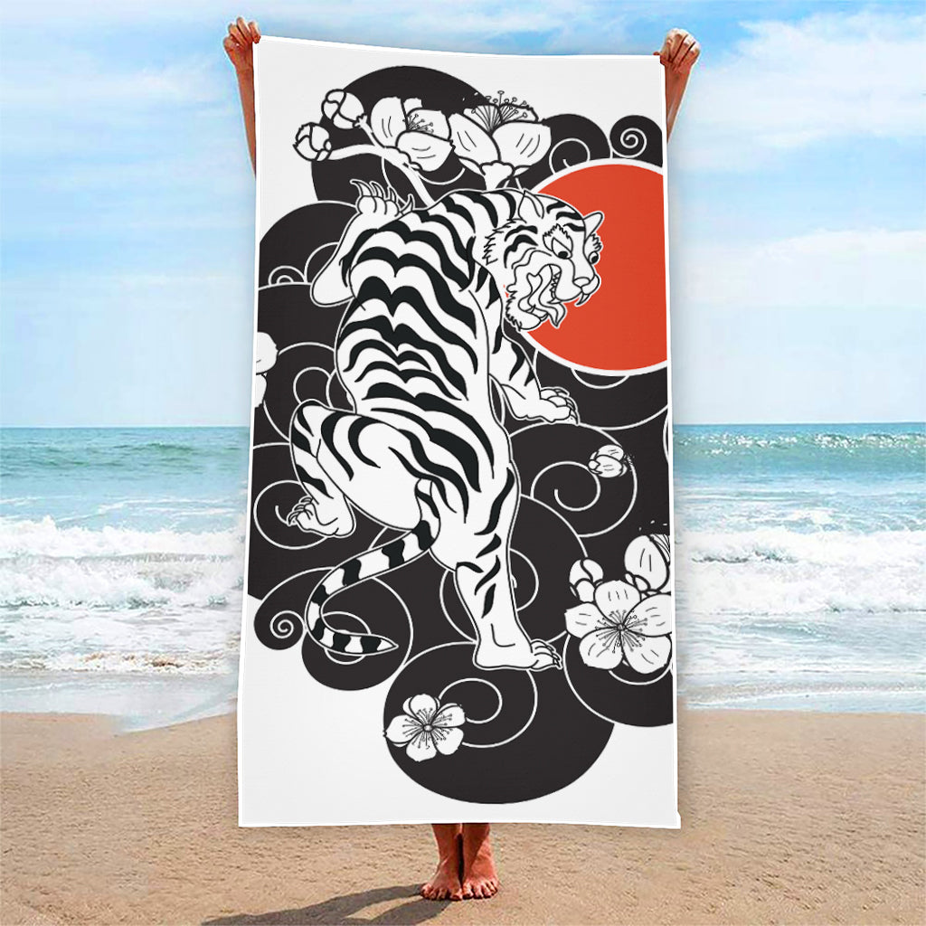 Japanese White Tiger Tattoo Print Beach Towel