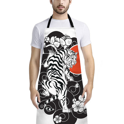 Japanese White Tiger Tattoo Print Bib Apron With Pocket
