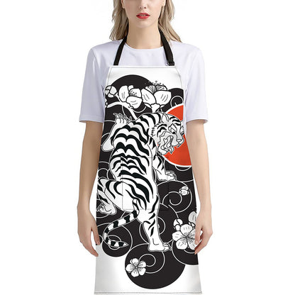 Japanese White Tiger Tattoo Print Bib Apron With Pocket