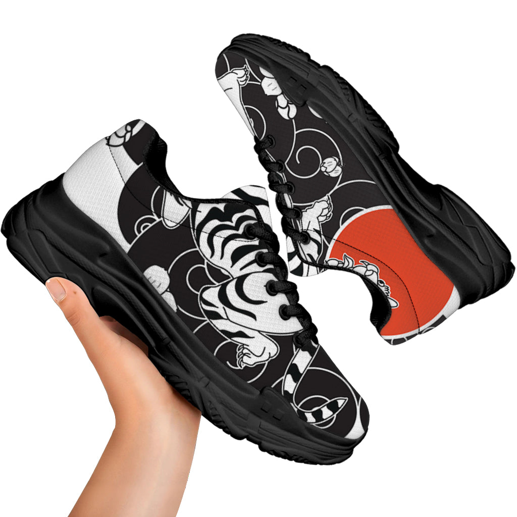 Japanese White Tiger Tattoo Print Black Chunky Shoes