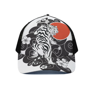 Japanese White Tiger Tattoo Print Black Mesh Trucker Cap