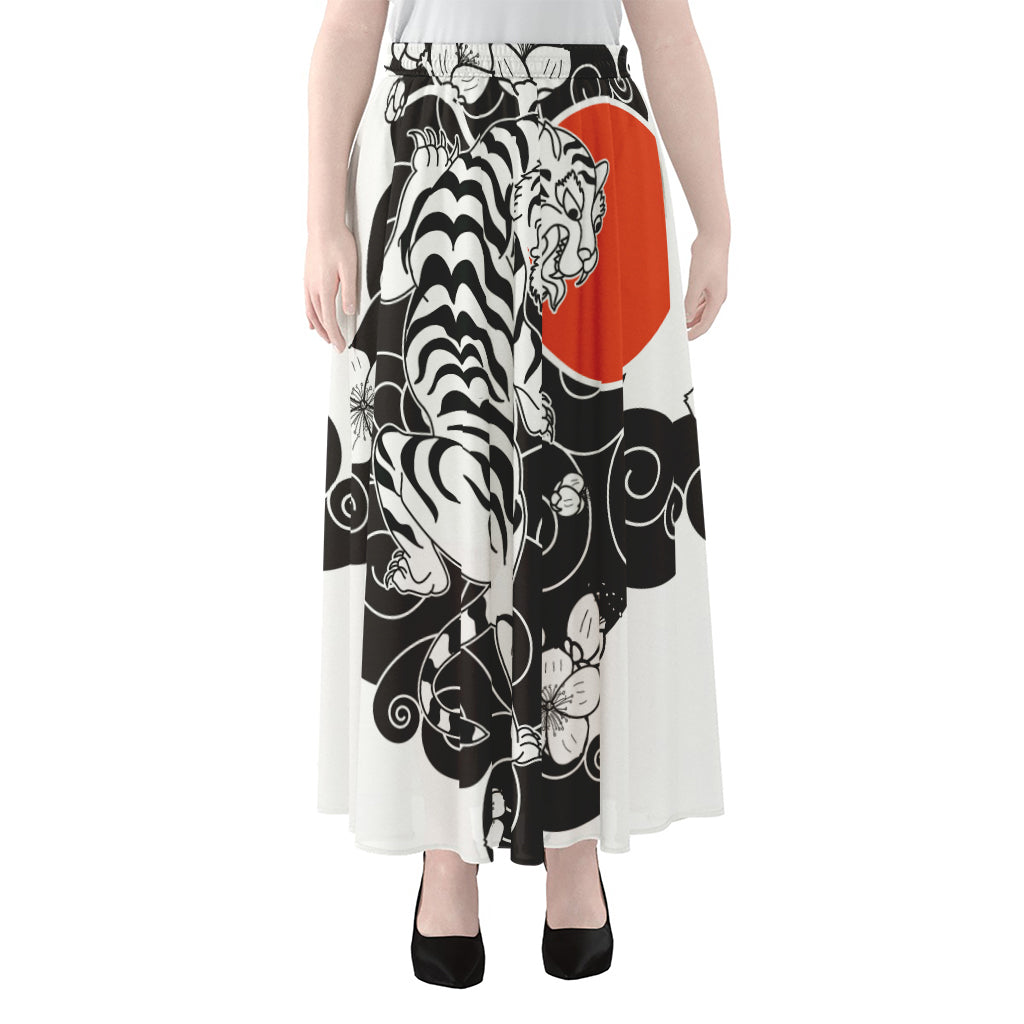 Japanese White Tiger Tattoo Print Chiffon Maxi Skirt