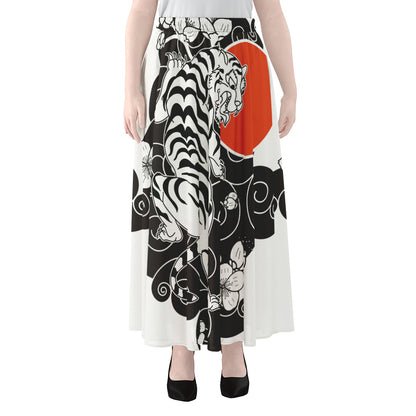 Japanese White Tiger Tattoo Print Chiffon Maxi Skirt