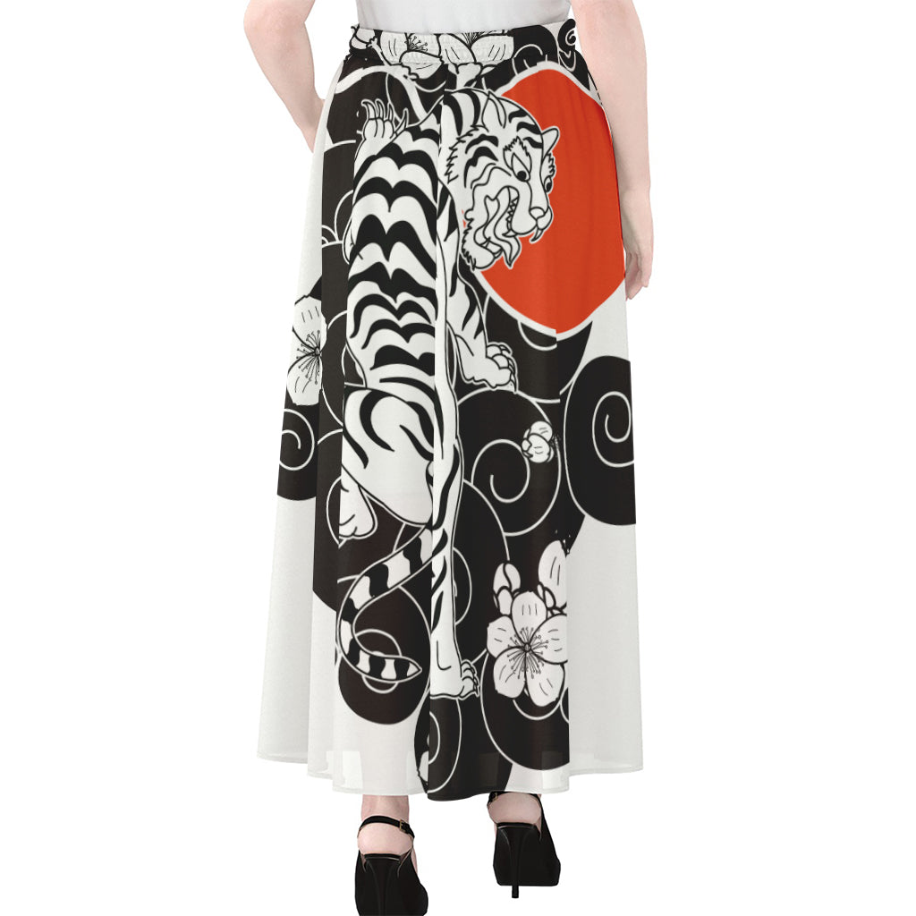 Japanese White Tiger Tattoo Print Chiffon Maxi Skirt