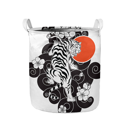 Japanese White Tiger Tattoo Print Collapsible Laundry Basket