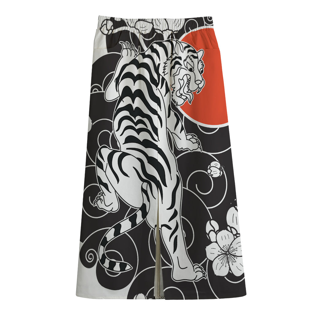 Japanese White Tiger Tattoo Print Cotton Front Slit Maxi Skirt