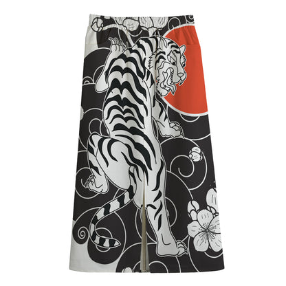 Japanese White Tiger Tattoo Print Cotton Front Slit Maxi Skirt