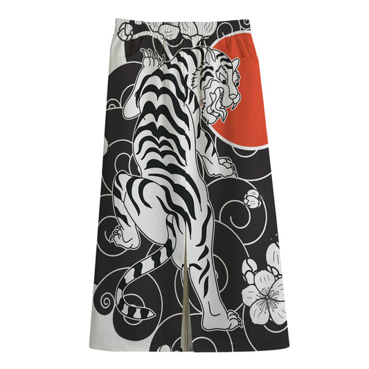Japanese White Tiger Tattoo Print Cotton Front Slit Maxi Skirt