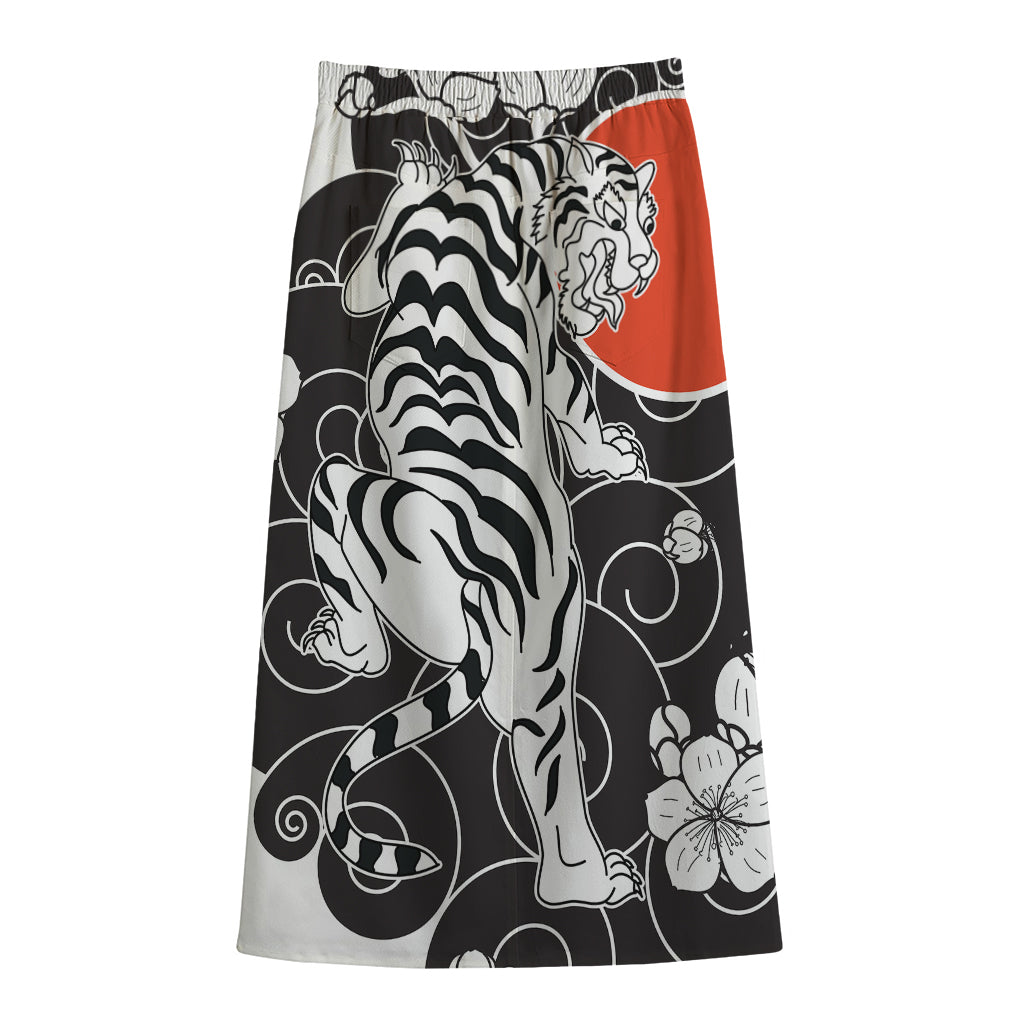 Japanese White Tiger Tattoo Print Cotton Front Slit Maxi Skirt