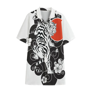 Japanese White Tiger Tattoo Print Cotton Hawaiian Shirt