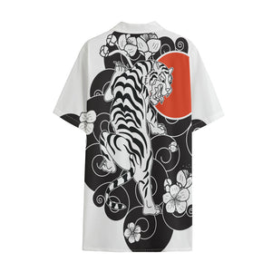 Japanese White Tiger Tattoo Print Cotton Hawaiian Shirt