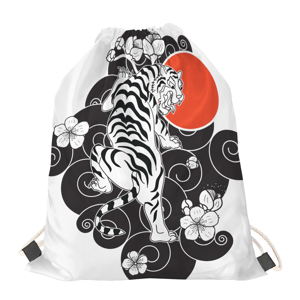 Japanese White Tiger Tattoo Print Drawstring Bag