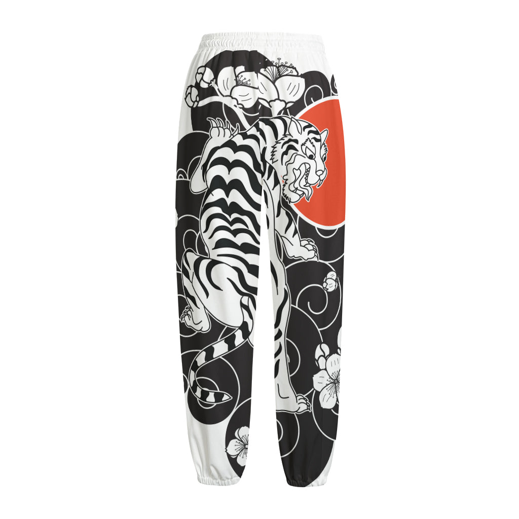 Japanese White Tiger Tattoo Print Fleece Lined Knit Pants